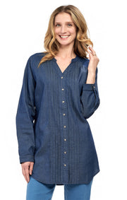 Women's Denim Pintuck Button-front Tunic Top