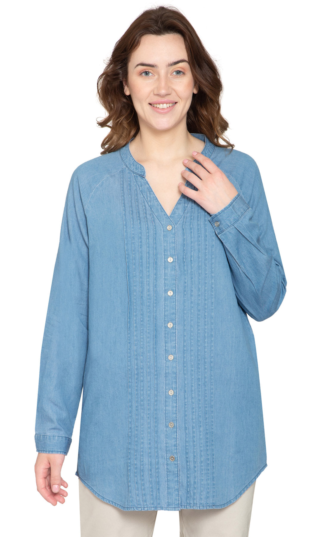 Women's Denim Pintuck Button-front Tunic Top