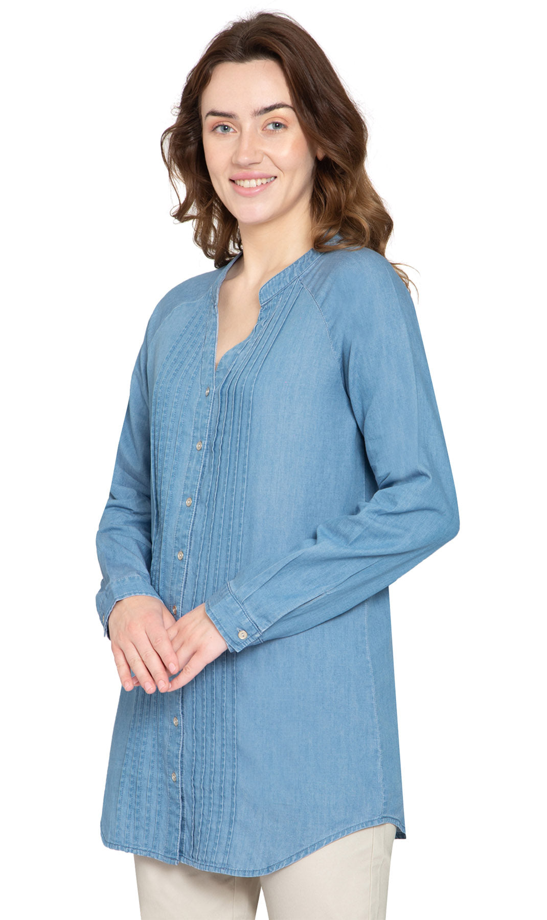 Women's Denim Pintuck Button-front Tunic Top