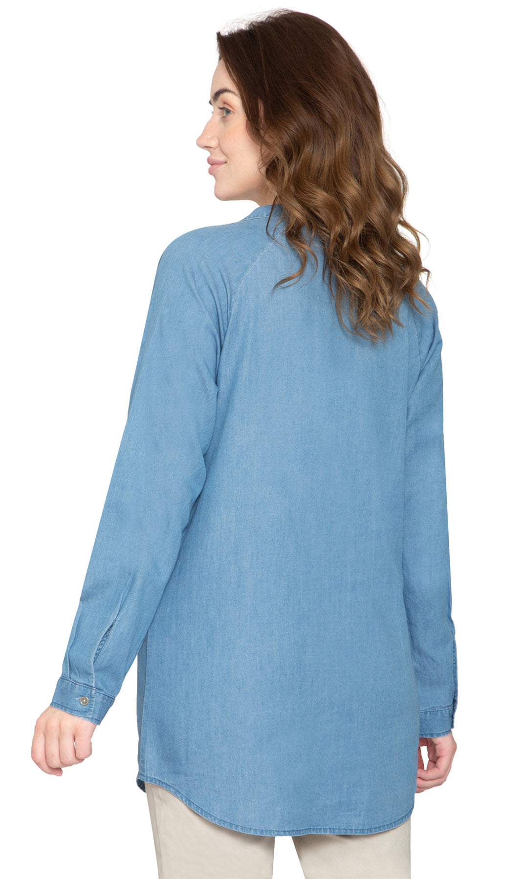 Women's Denim Pintuck Button-front Tunic Top