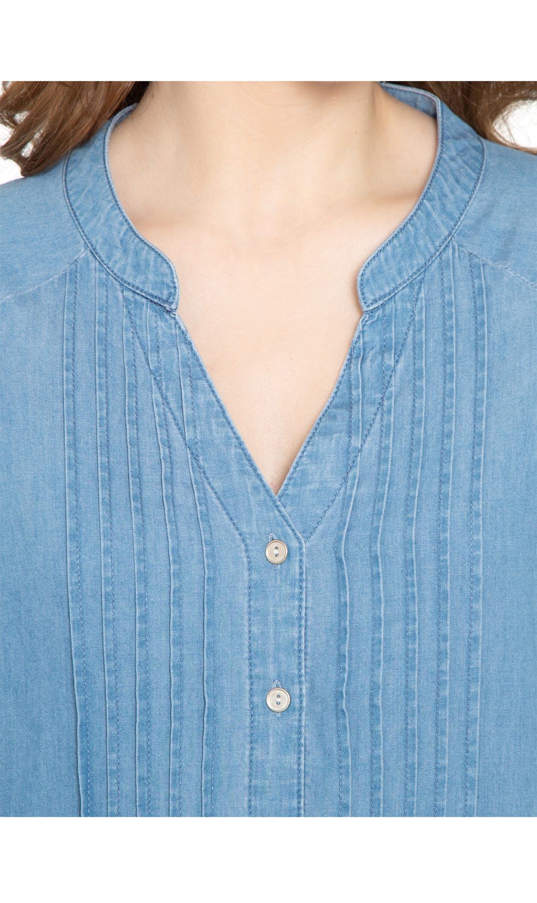 Women's Denim Pintuck Button-front Tunic Top