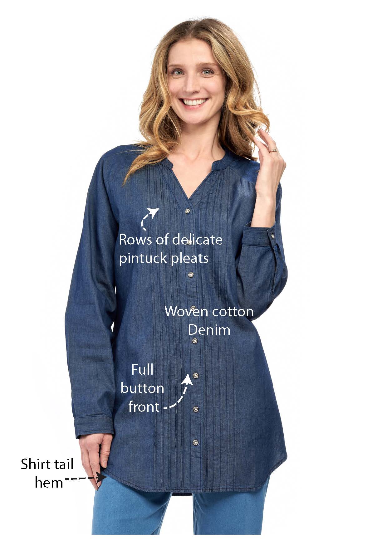 Women's Denim Pintuck Button-front Tunic Top