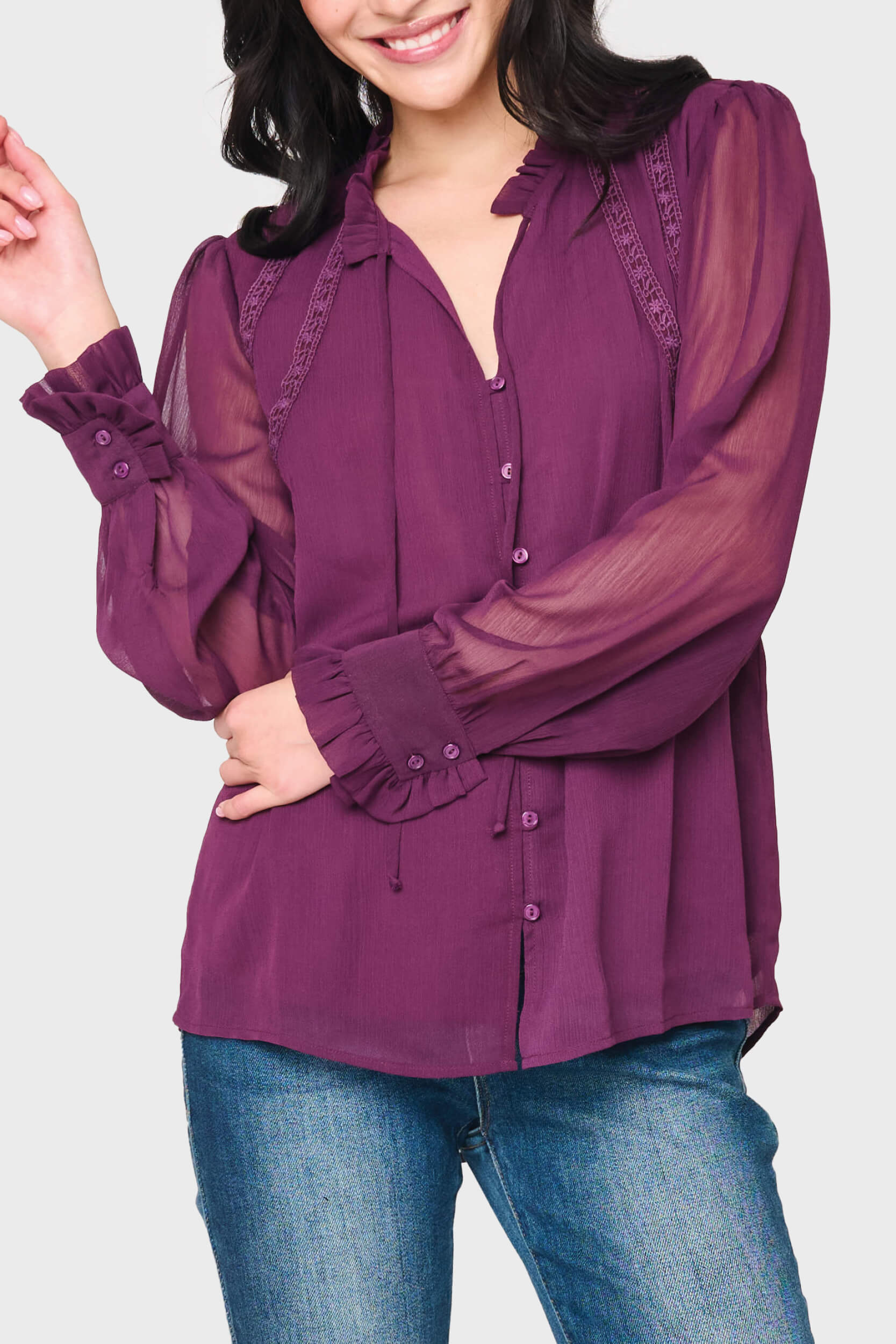 Long Sleeve Crochet Trim Blouse