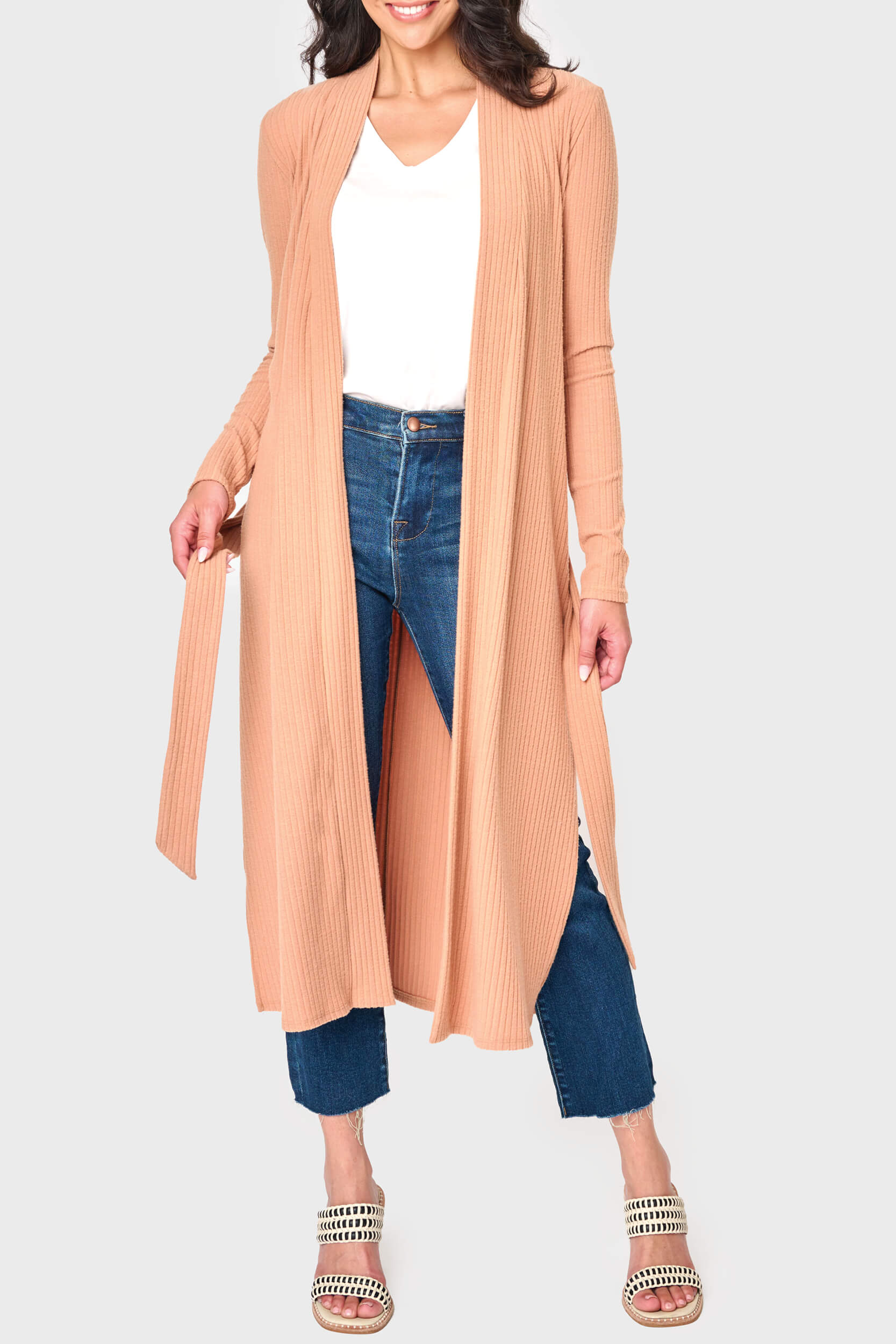 Ribbed Knit Duster Cardigan With Side Slit
