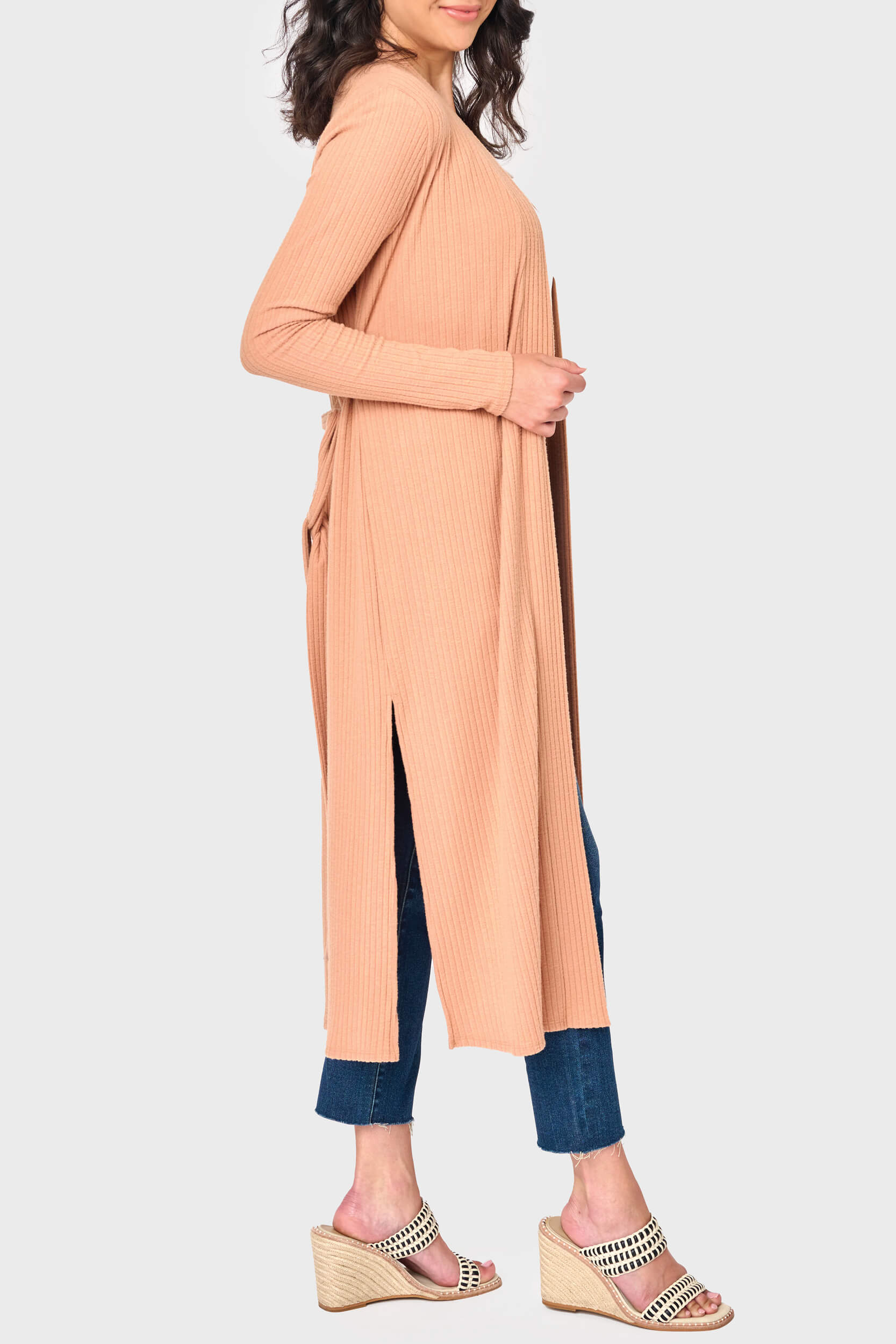 Ribbed Knit Duster Cardigan With Side Slit