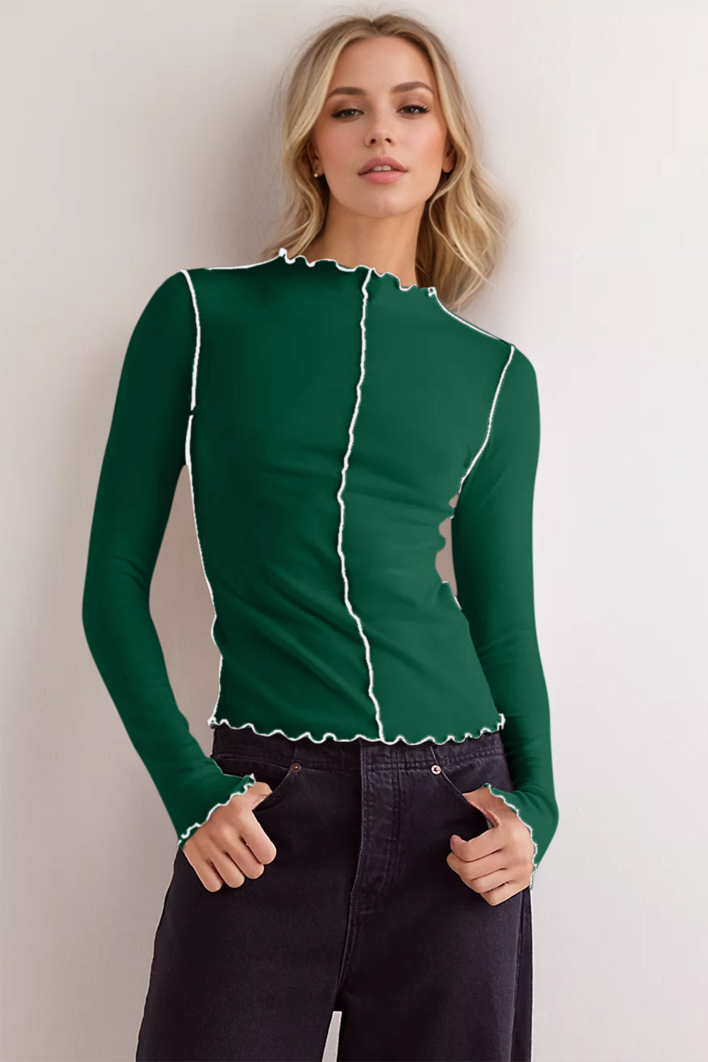 Basic Bae Contrast Trim Mock Neck Long Sleeve T-shirt