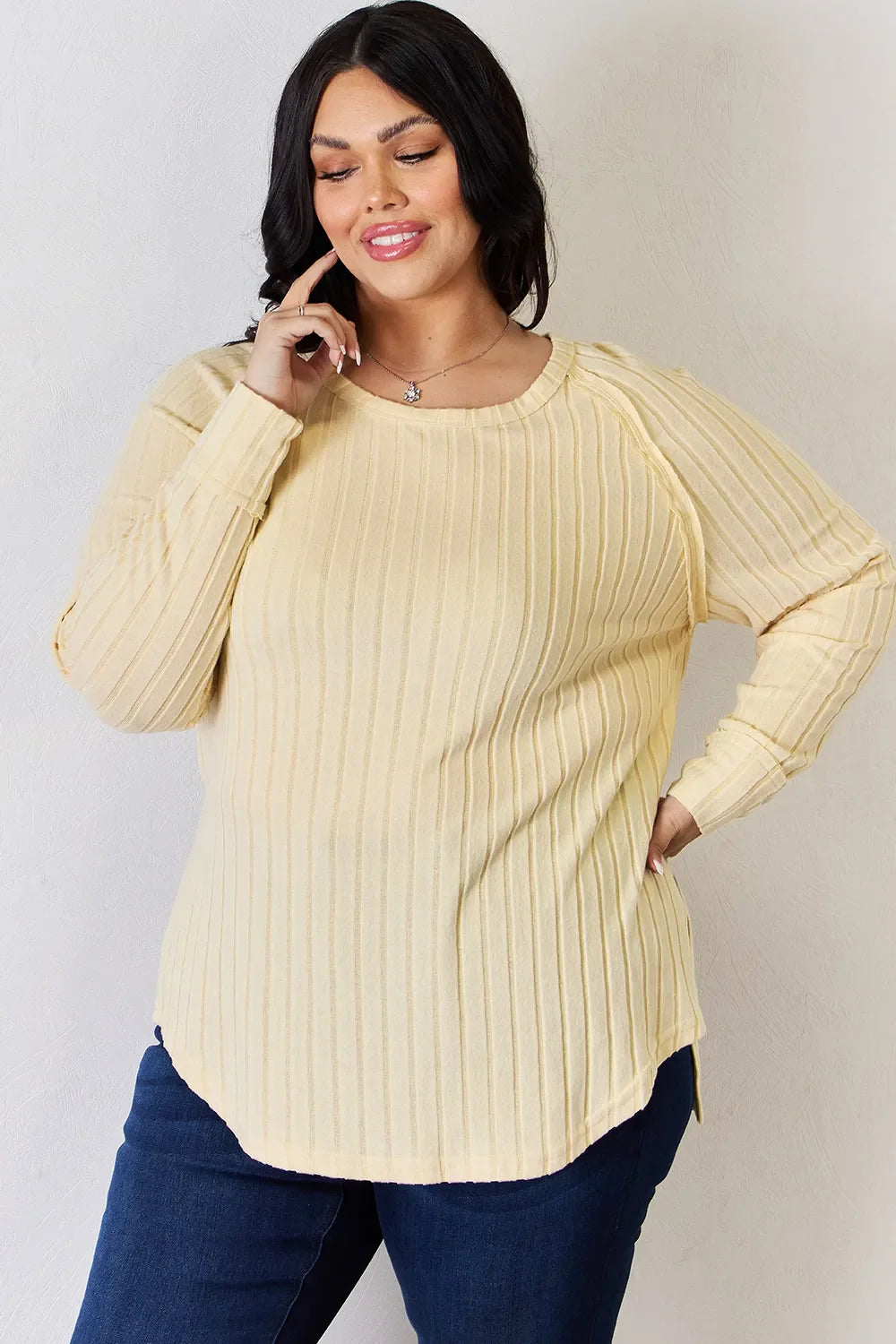 Basic Bae Full Size Ribbed Round Neck Slit Knit Top | Includes Plus Size