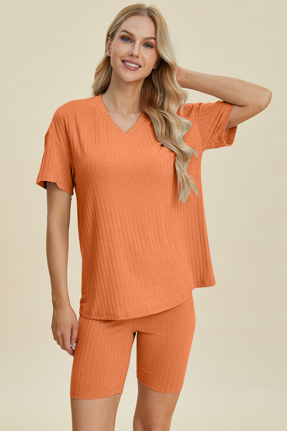Basic Bae Full Size Ribbed V-neck Short Sleeve Top And Shorts Set