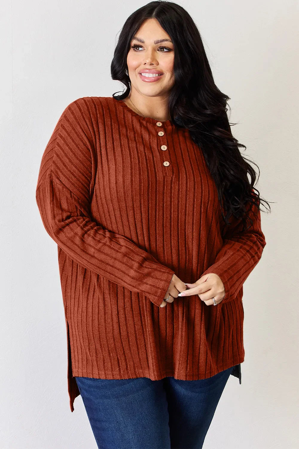 Basic Bae Full Size Ribbed Half Button Long Sleeve High-low Knit Top | Includes Plus Size