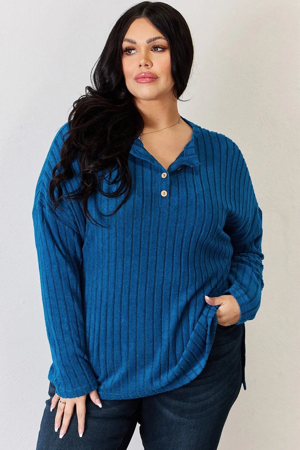 Basic Bae Full Size Ribbed Half Button Long Sleeve High-low Knit Top | Includes Plus Size