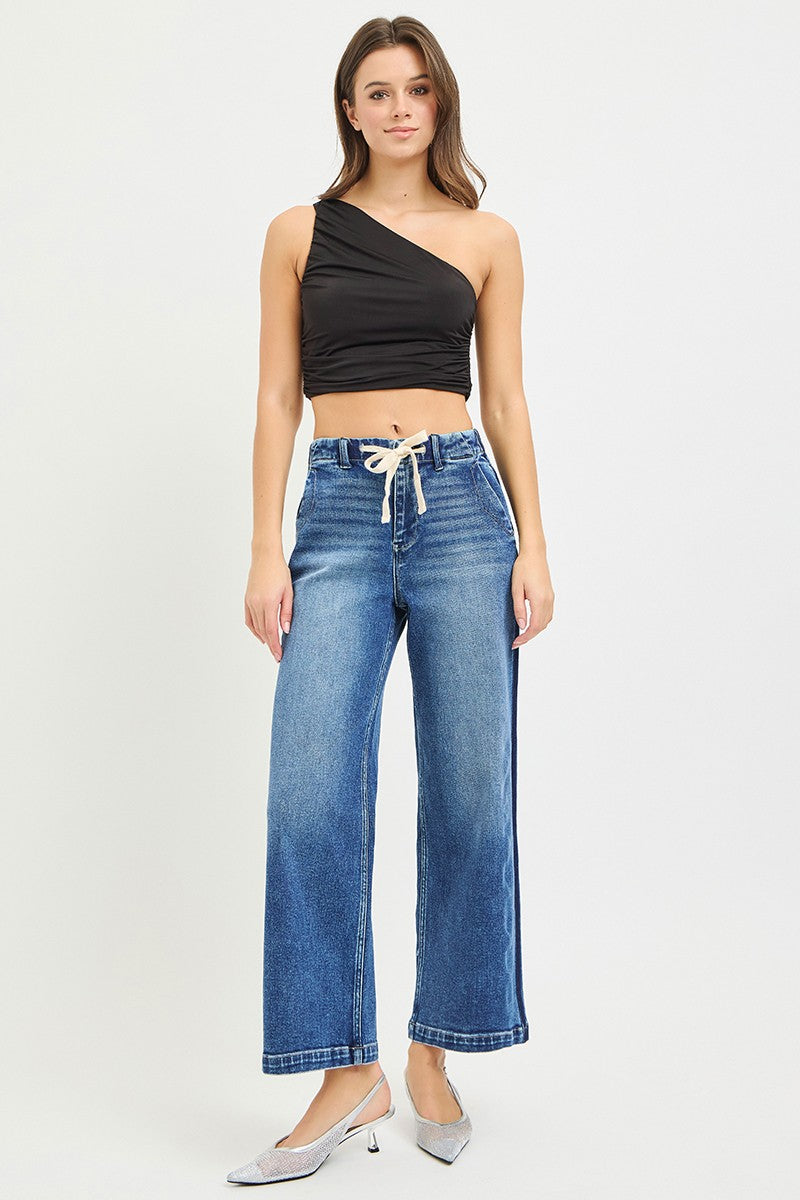 Risen Elastic Band High Rise Cropped Wide Jeans