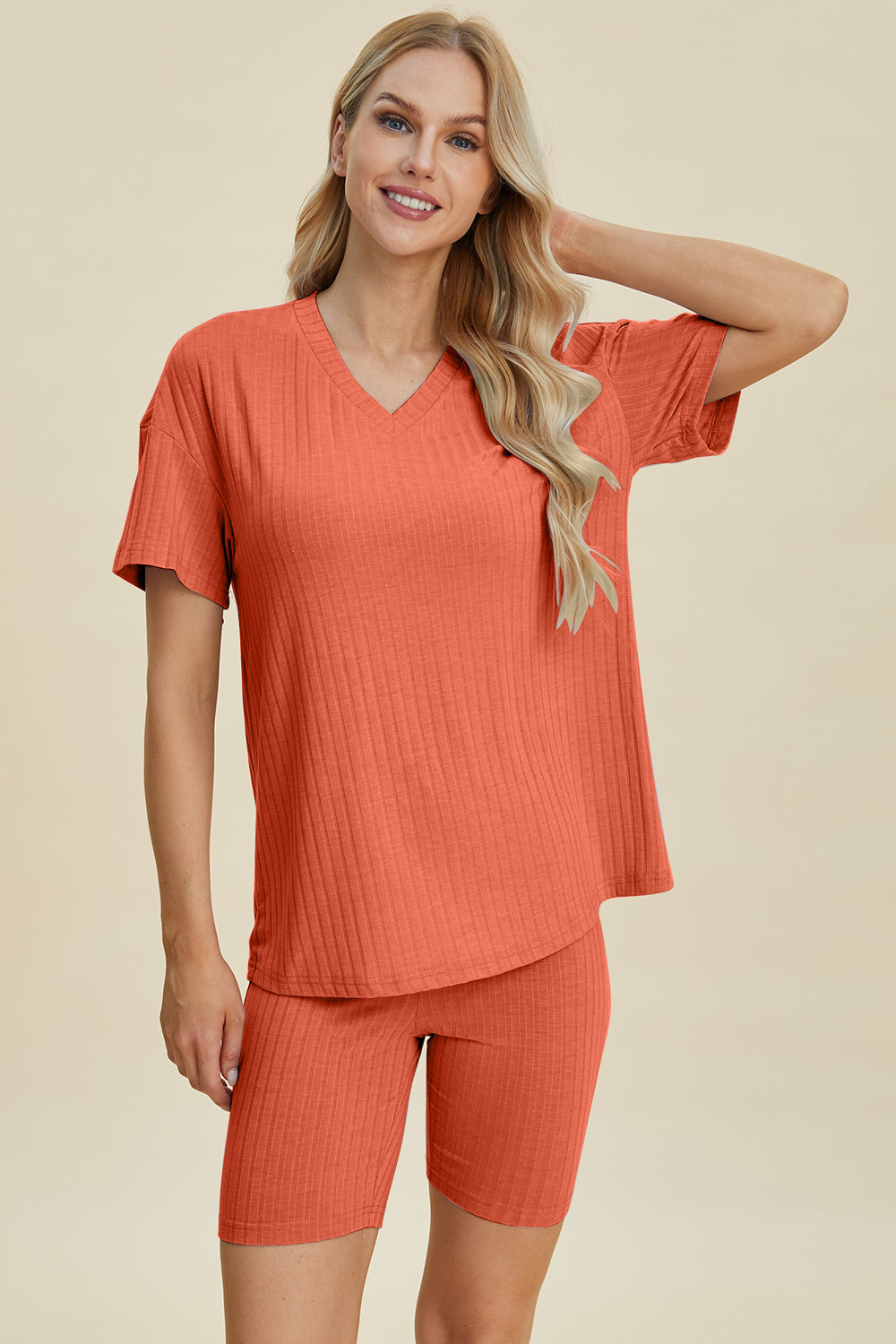 Basic Bae Full Size Ribbed V-neck Short Sleeve Top And Shorts Set