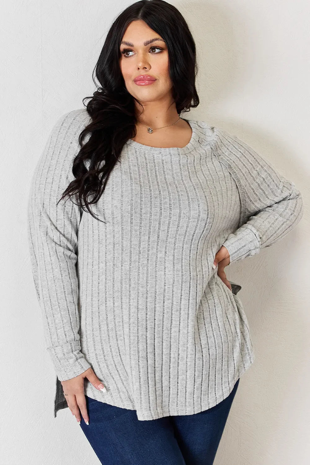 Basic Bae Full Size Ribbed Round Neck Slit Knit Top | Includes Plus Size