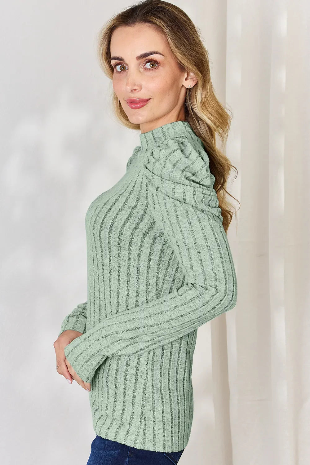 Basic Bae Full Size Ribbed Mock Neck Puff Sleeve T-shirt | Includes Plus Size