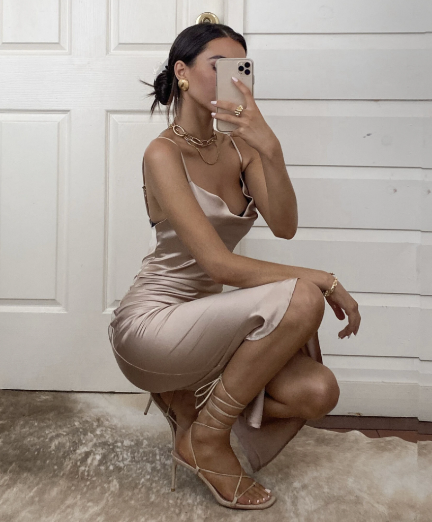 Aspen Midi Dress - Champagne Satin Slip Dress