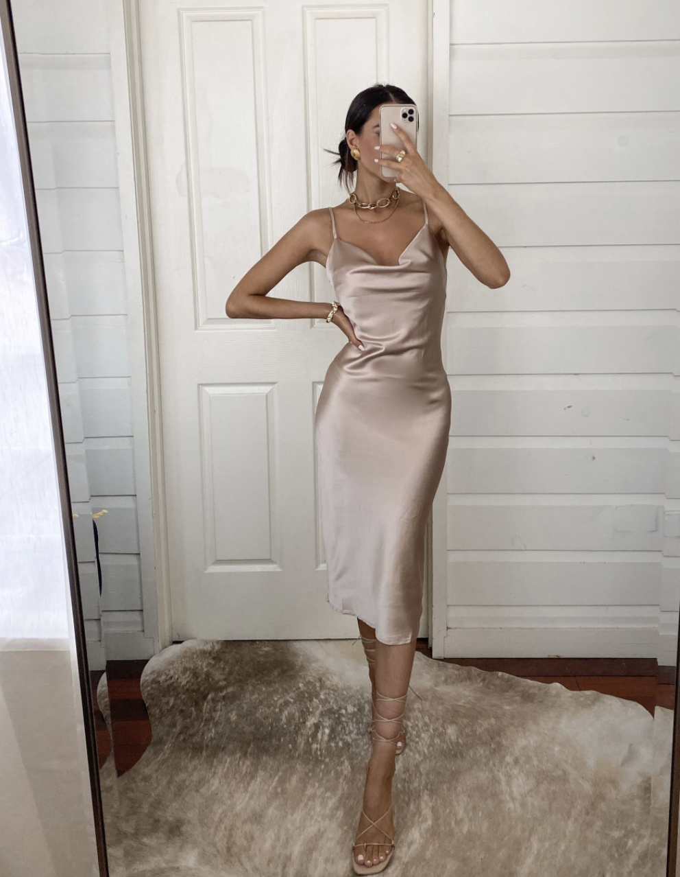 Aspen Midi Dress - Champagne Satin Slip Dress