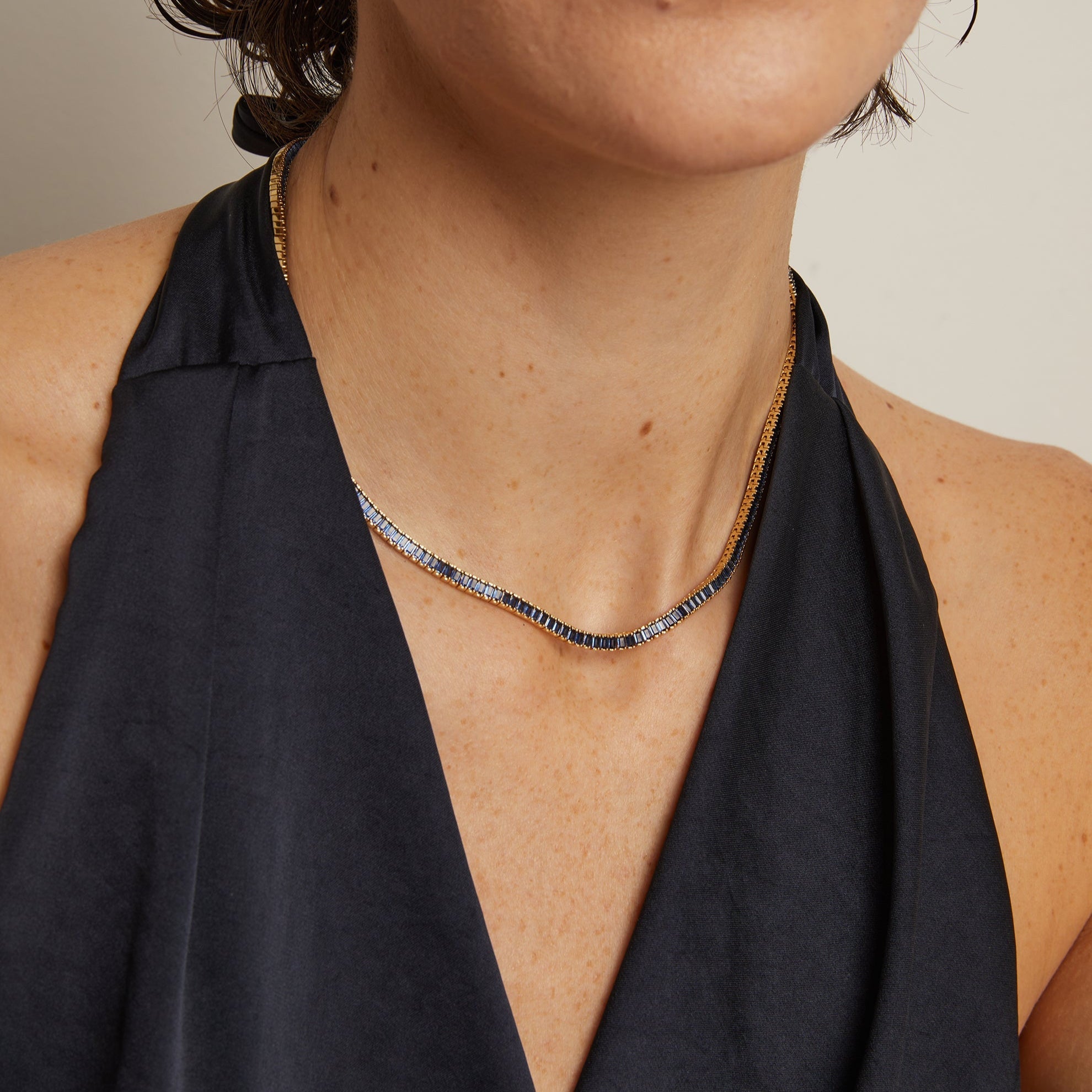 Lab Grown Blue Sapphire Baguette Tennis Necklace