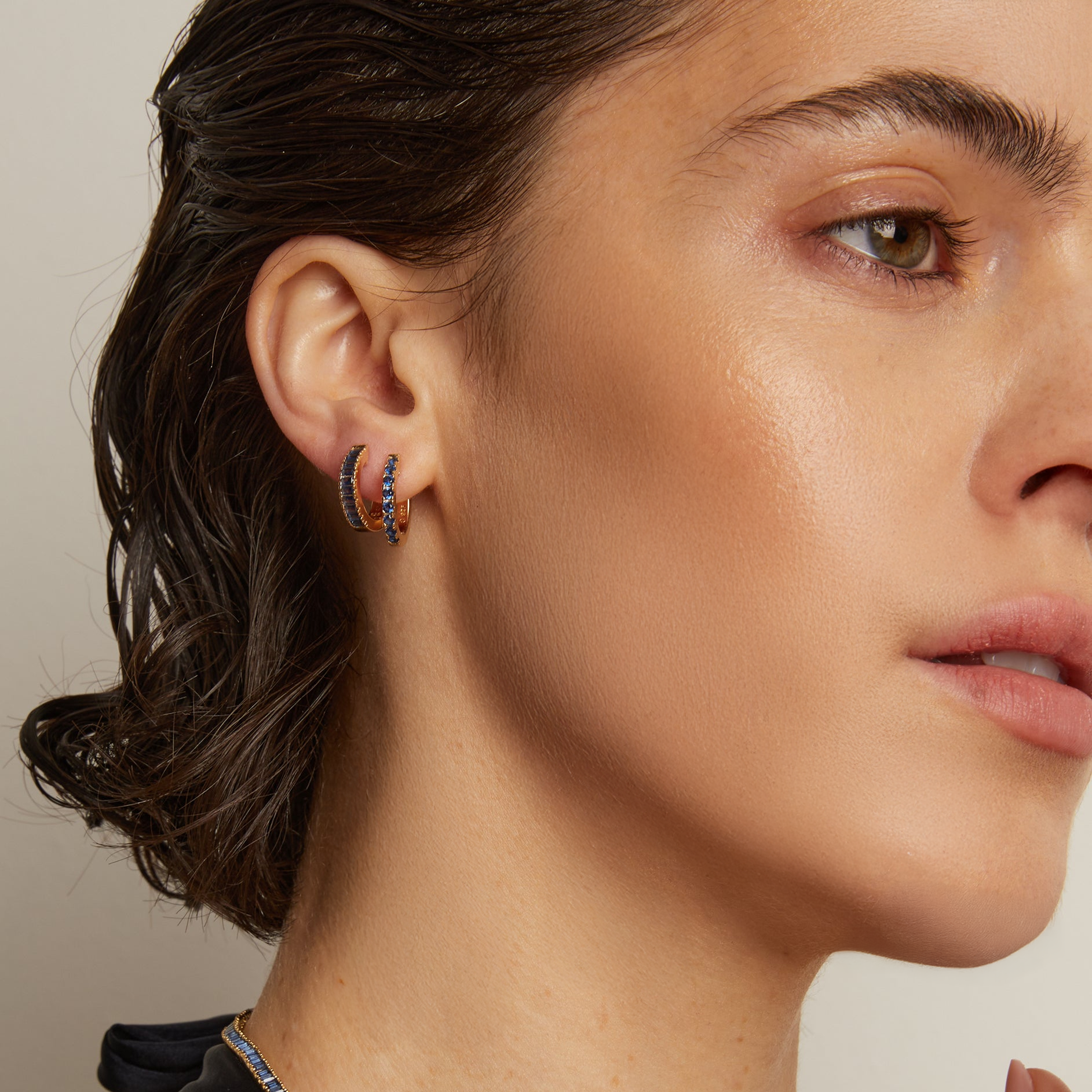 Lab Grown Blue Sapphire Baguette Huggie Earrings