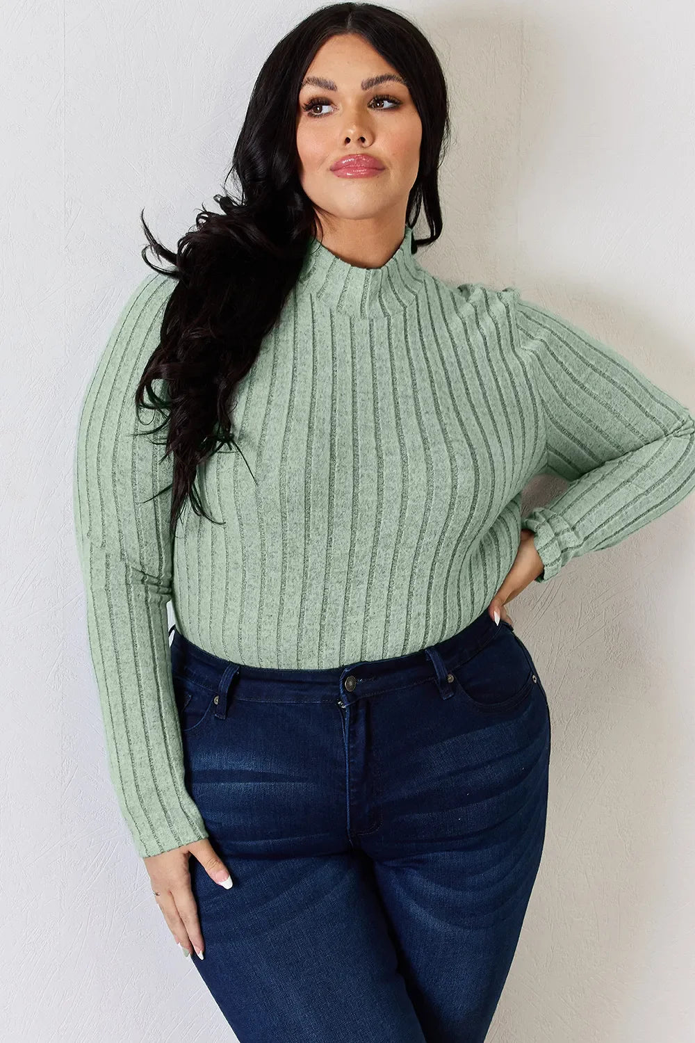 Basic Bae Full Size Ribbed Mock Neck Long Sleeve Knit Top | Includes Plus Size