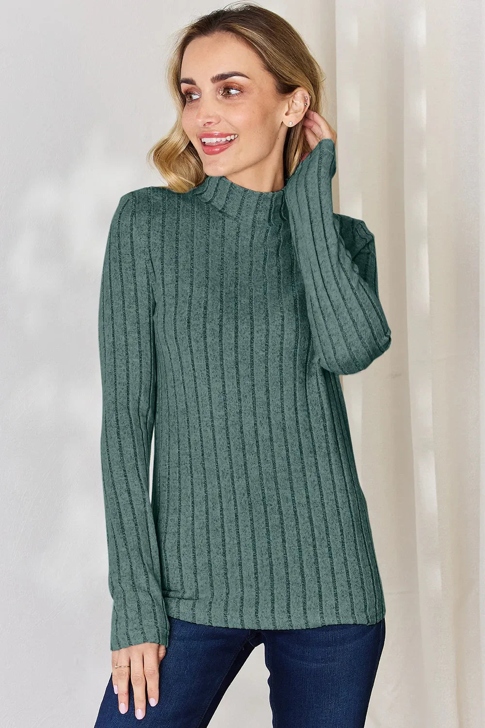 Basic Bae Full Size Ribbed Mock Neck Long Sleeve Knit Top | Includes Plus Size