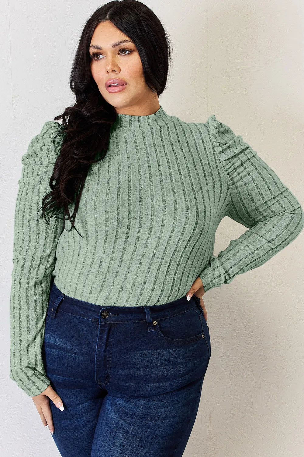 Basic Bae Full Size Ribbed Mock Neck Puff Sleeve T-shirt | Includes Plus Size