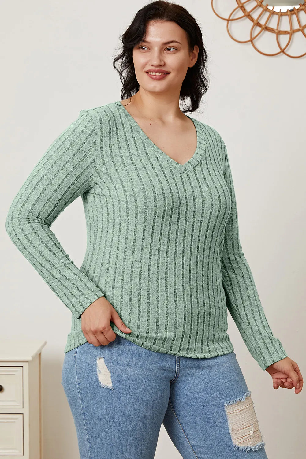 Basic Bae Full Size Ribbed V-neck Long Sleeve Knit Top | Includes Plus Size