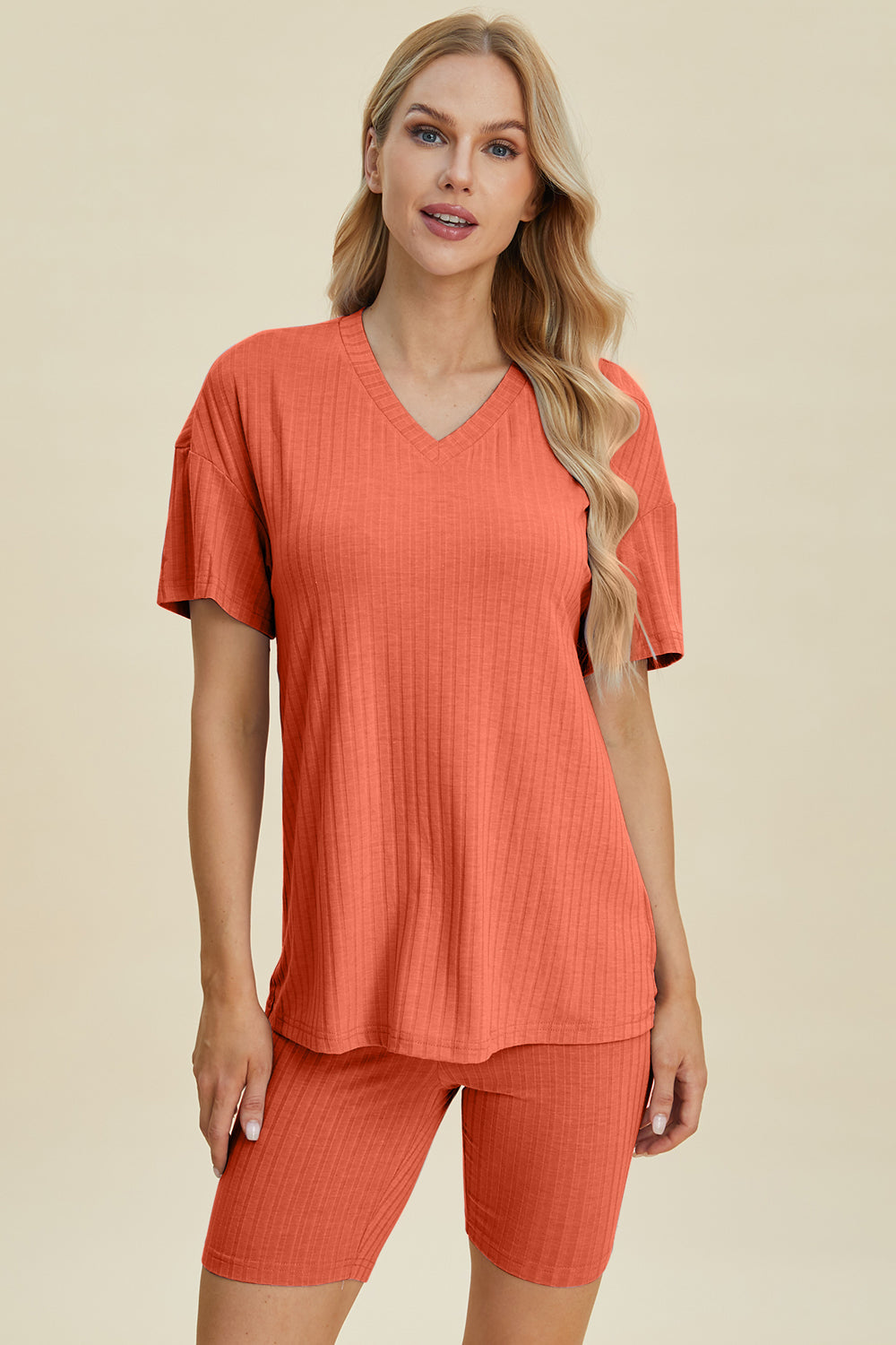 Basic Bae Full Size Ribbed V-neck Short Sleeve Top And Shorts Set