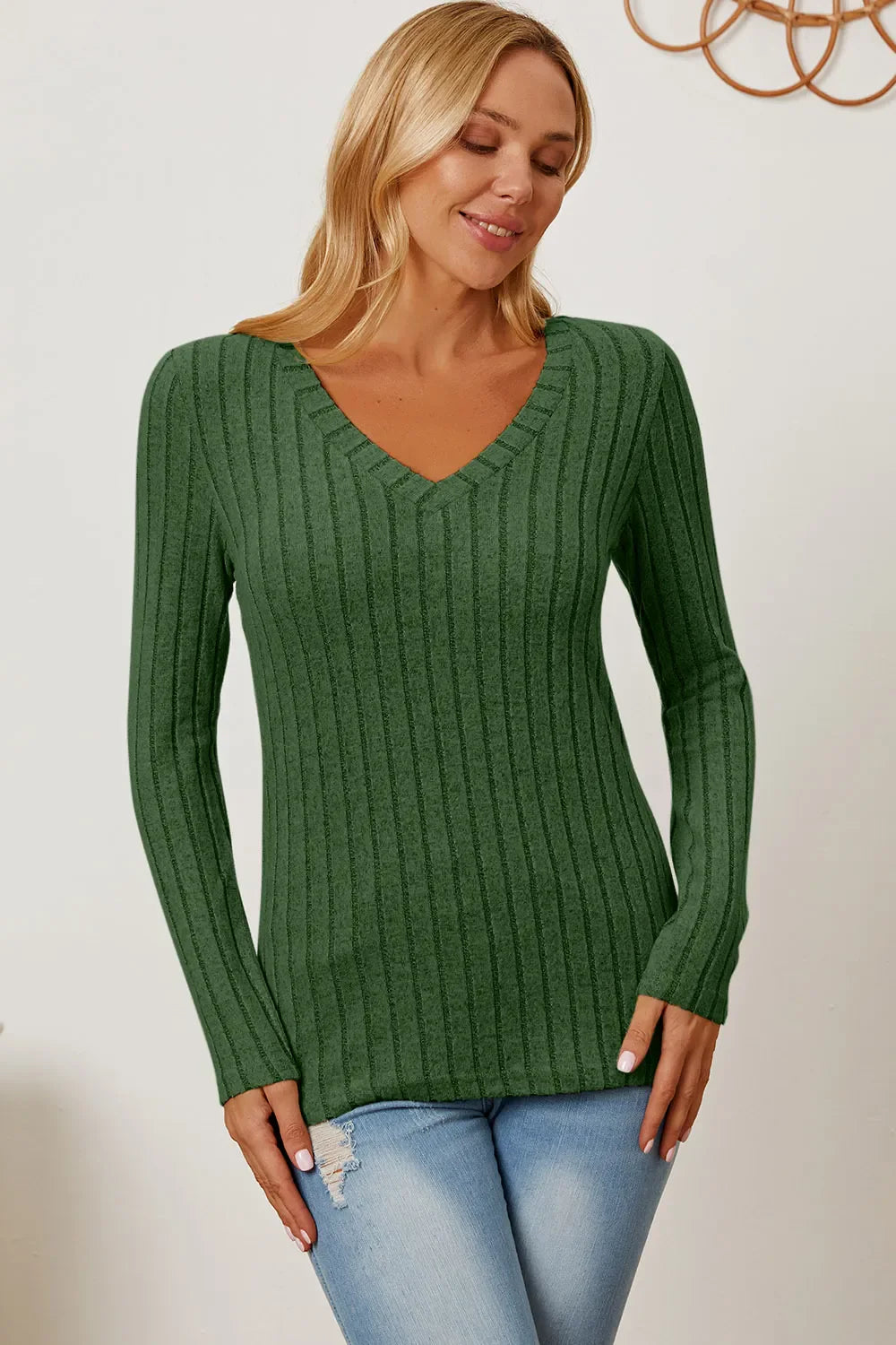 Basic Bae Full Size Ribbed V-neck Long Sleeve Knit Top | Includes Plus Size