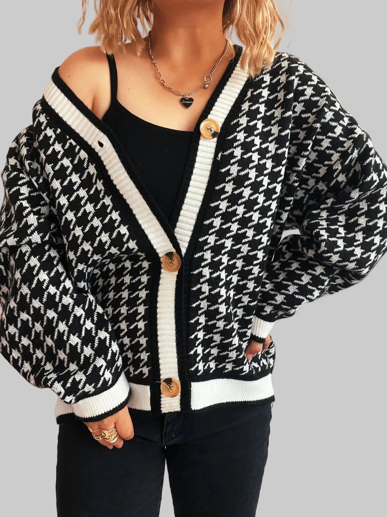 Women's Houndstooth Pattern V-Neck Button-Up Cardigan Sweater