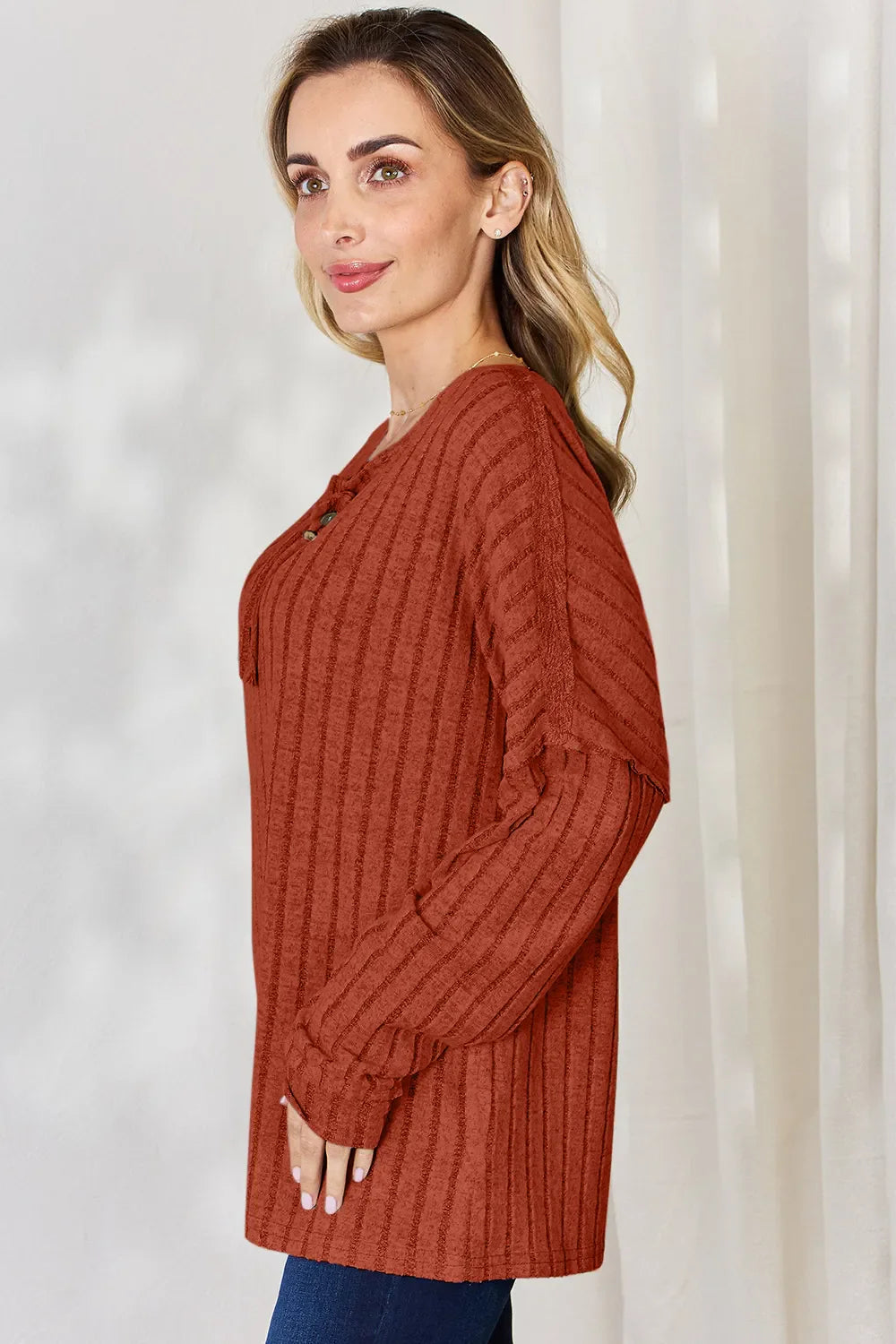 Basic Bae Full Size Ribbed Half Button Long Sleeve T-shirt