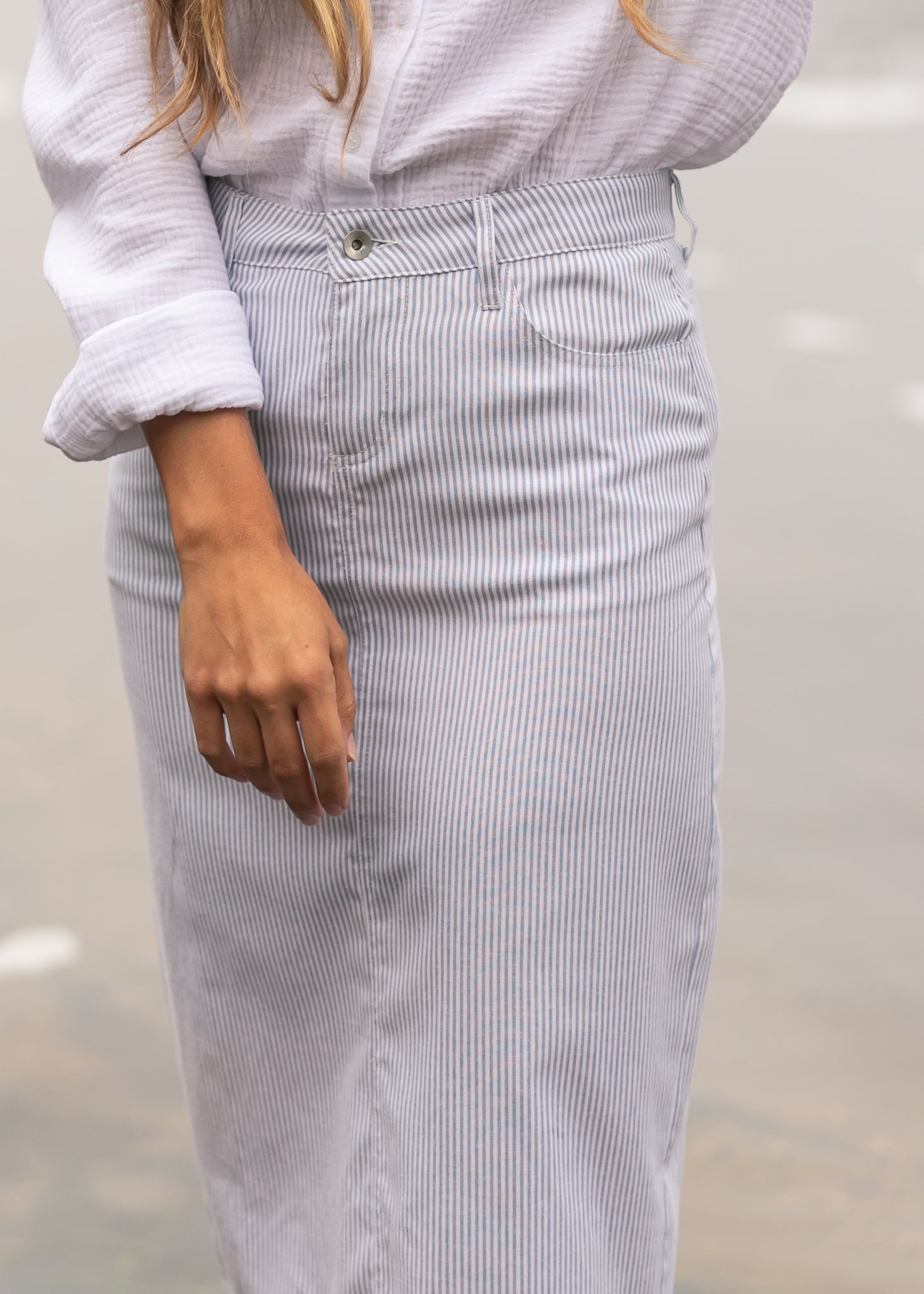 Bay Light Blue Striped Midi Skirt