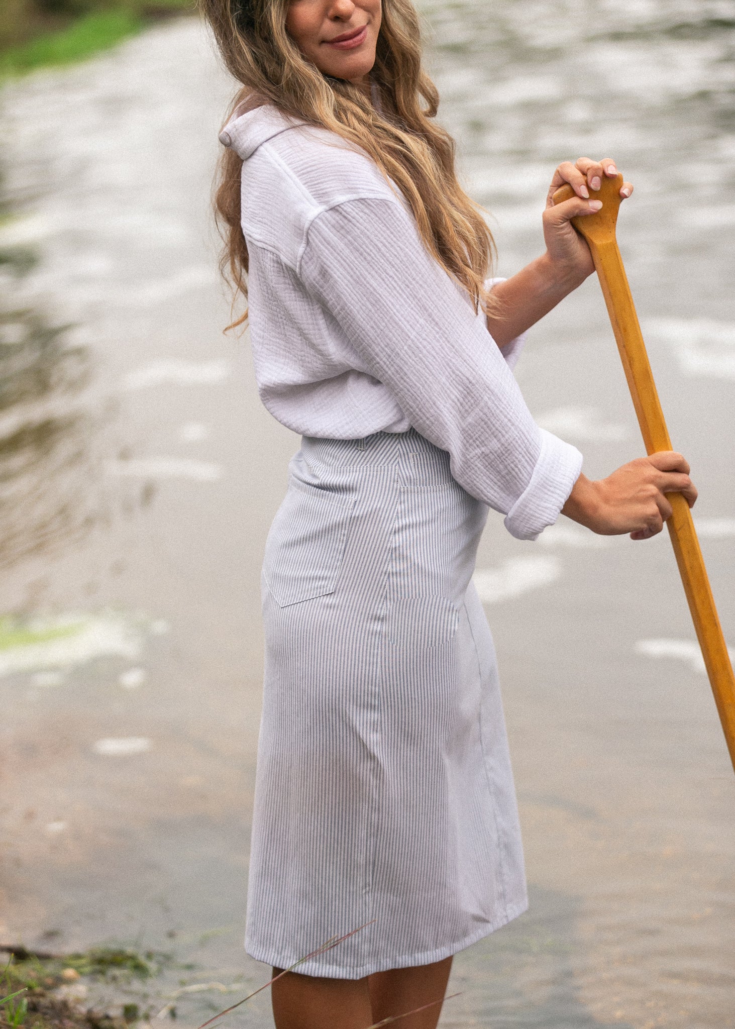 Bay Light Blue Striped Midi Skirt