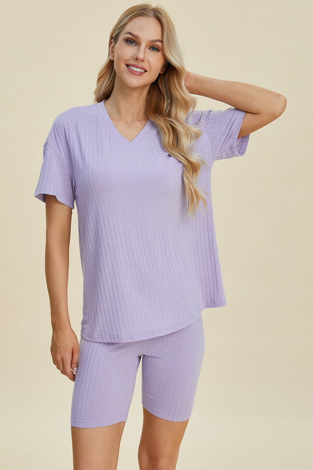 Basic Bae Full Size Ribbed V-neck Short Sleeve Top And Shorts Set