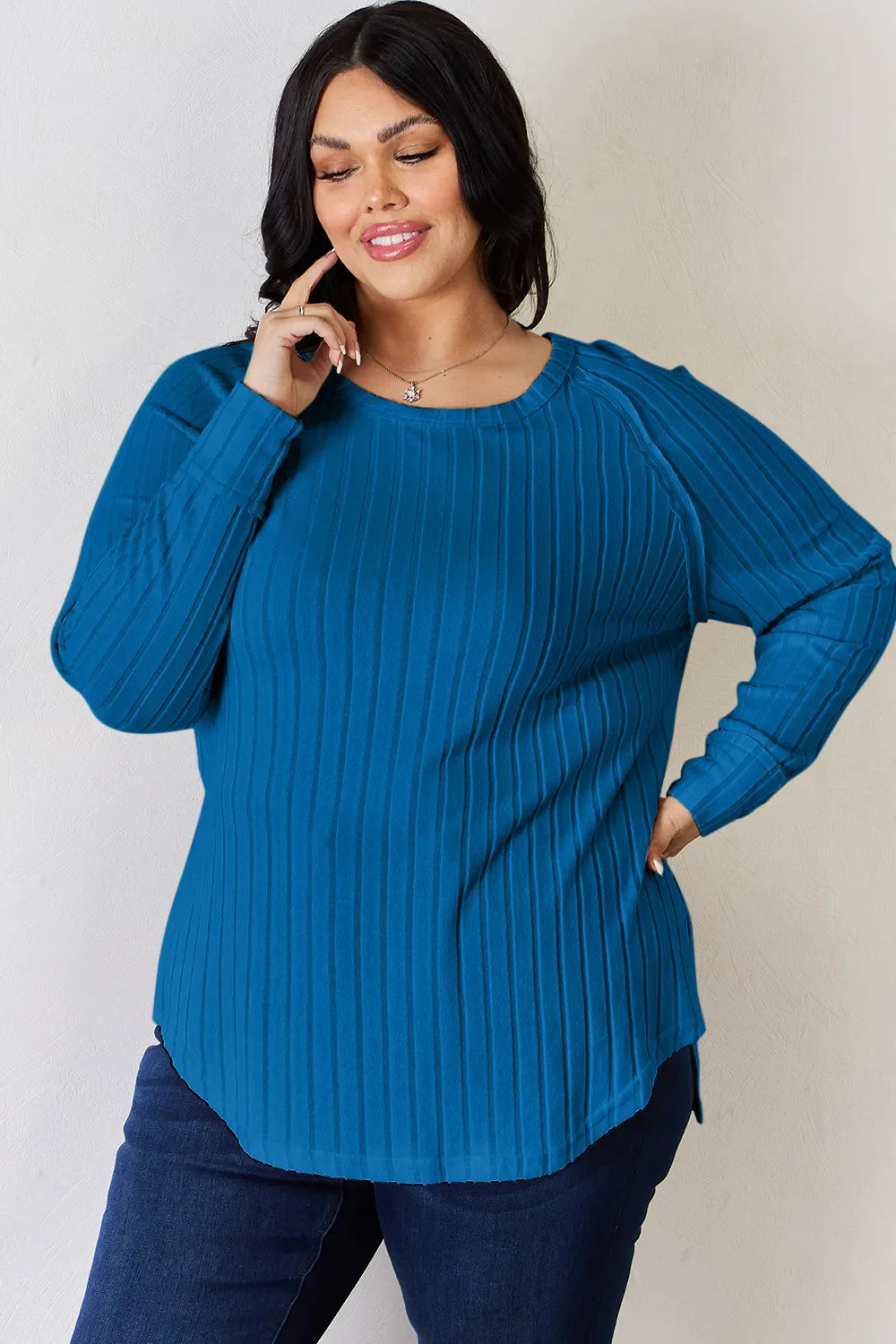 Basic Bae Full Size Ribbed Round Neck Slit Knit Top | Includes Plus Size