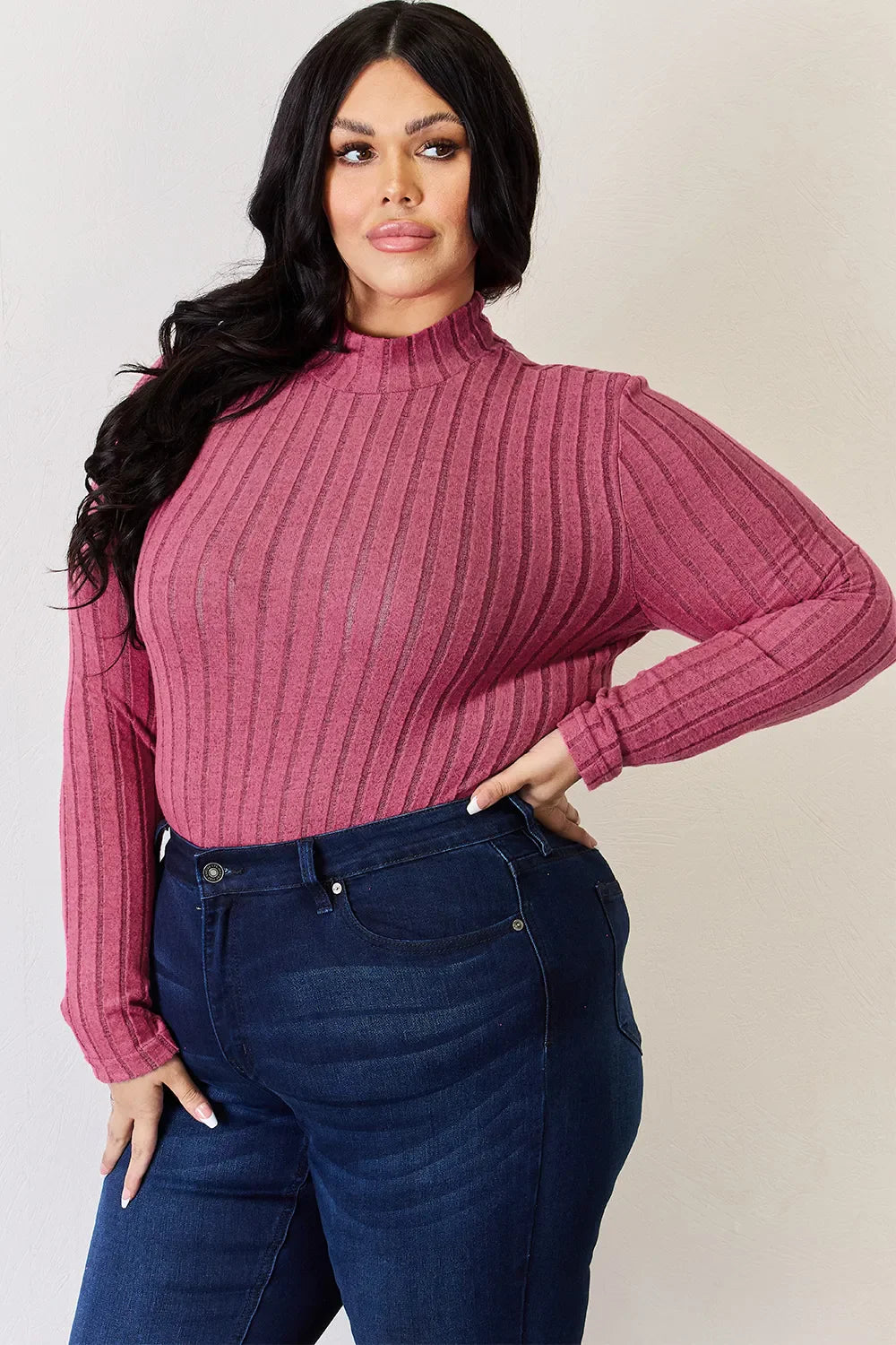 Basic Bae Full Size Ribbed Mock Neck Long Sleeve Knit Top | Includes Plus Size