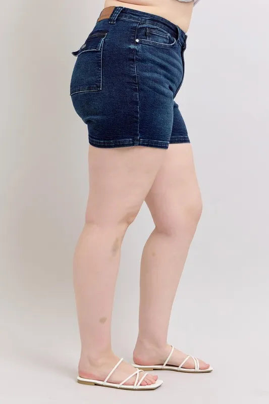 Judy Blue Full Size High Waist Back Flap Pocket Denim Shorts | Includes Plus Size