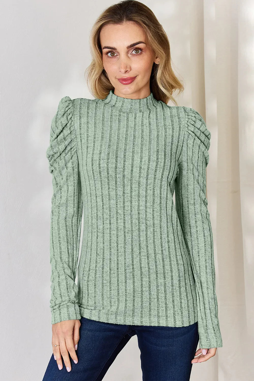 Basic Bae Full Size Ribbed Mock Neck Puff Sleeve T-shirt | Includes Plus Size