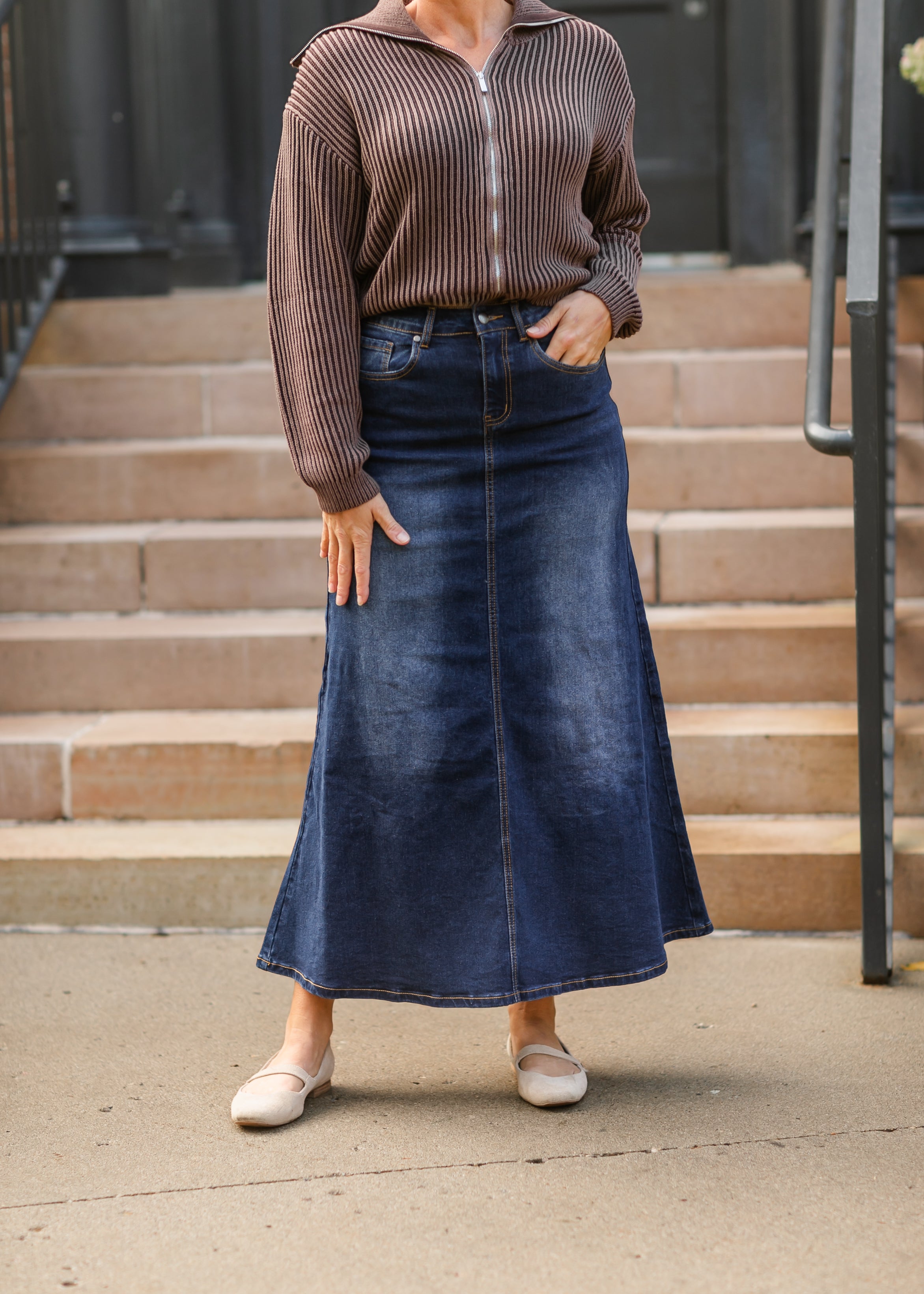 Bethany Dark Wash A-line Long Denim Skirt | Includes Plus Size