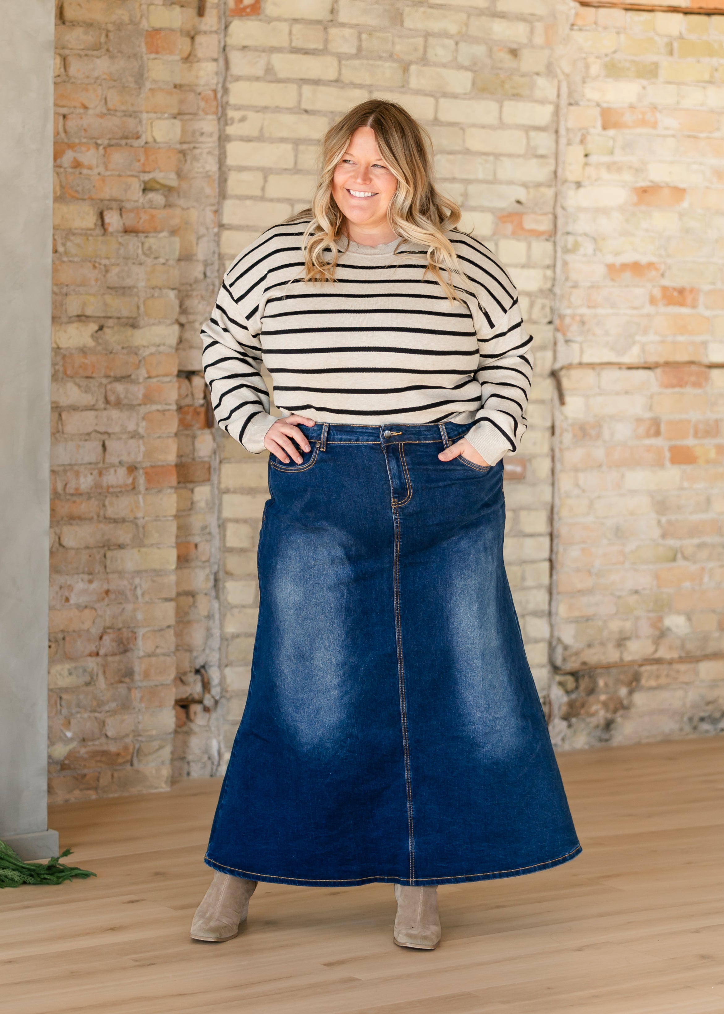 Bethany Dark Wash A-line Long Denim Skirt | Includes Plus Size