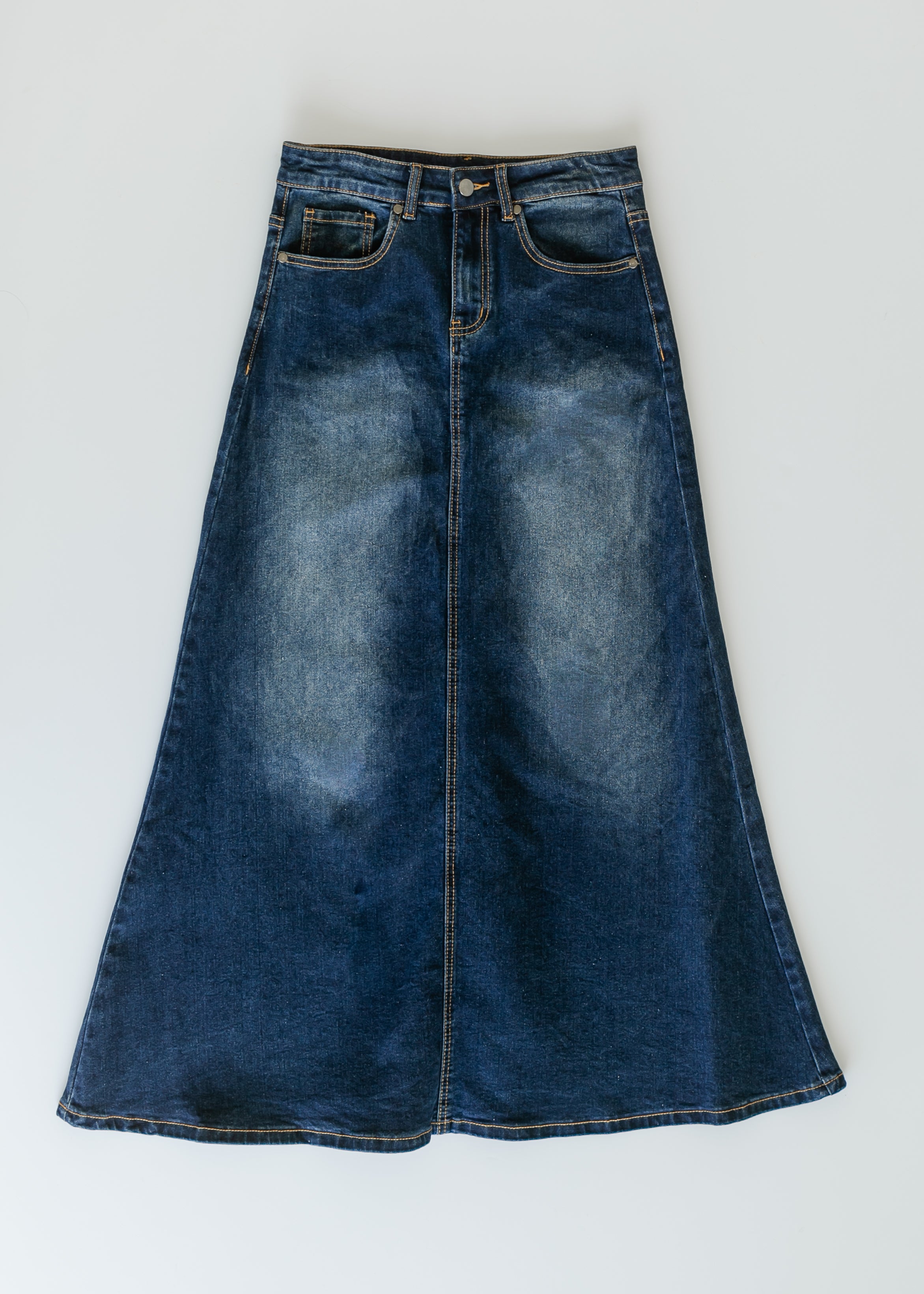 Bethany Dark Wash A-line Long Denim Skirt | Includes Plus Size