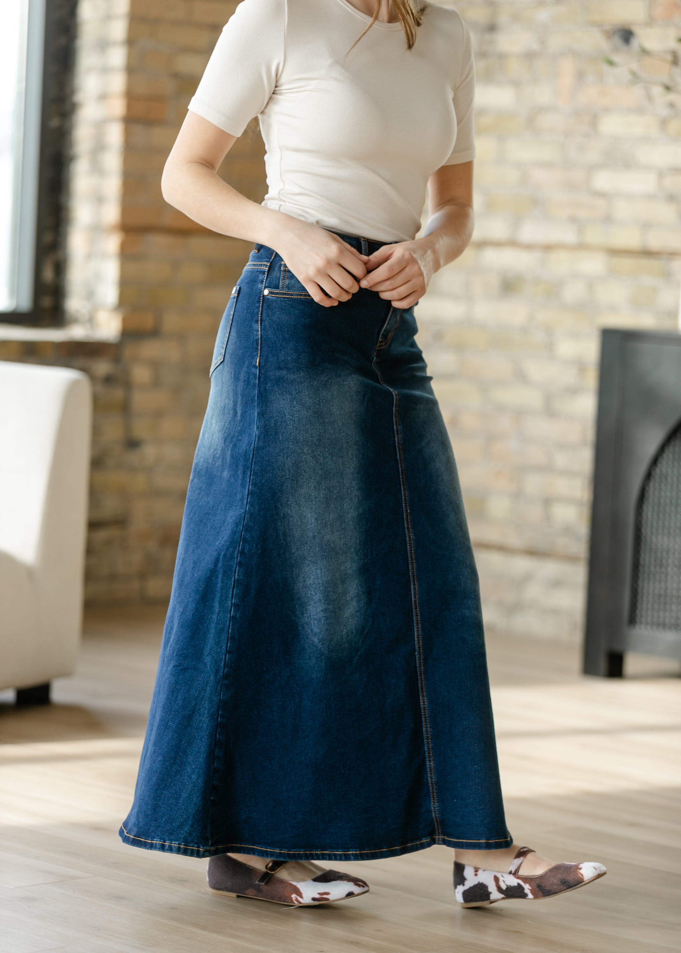 Bethany Dark Wash A-line Long Denim Skirt | Includes Plus Size