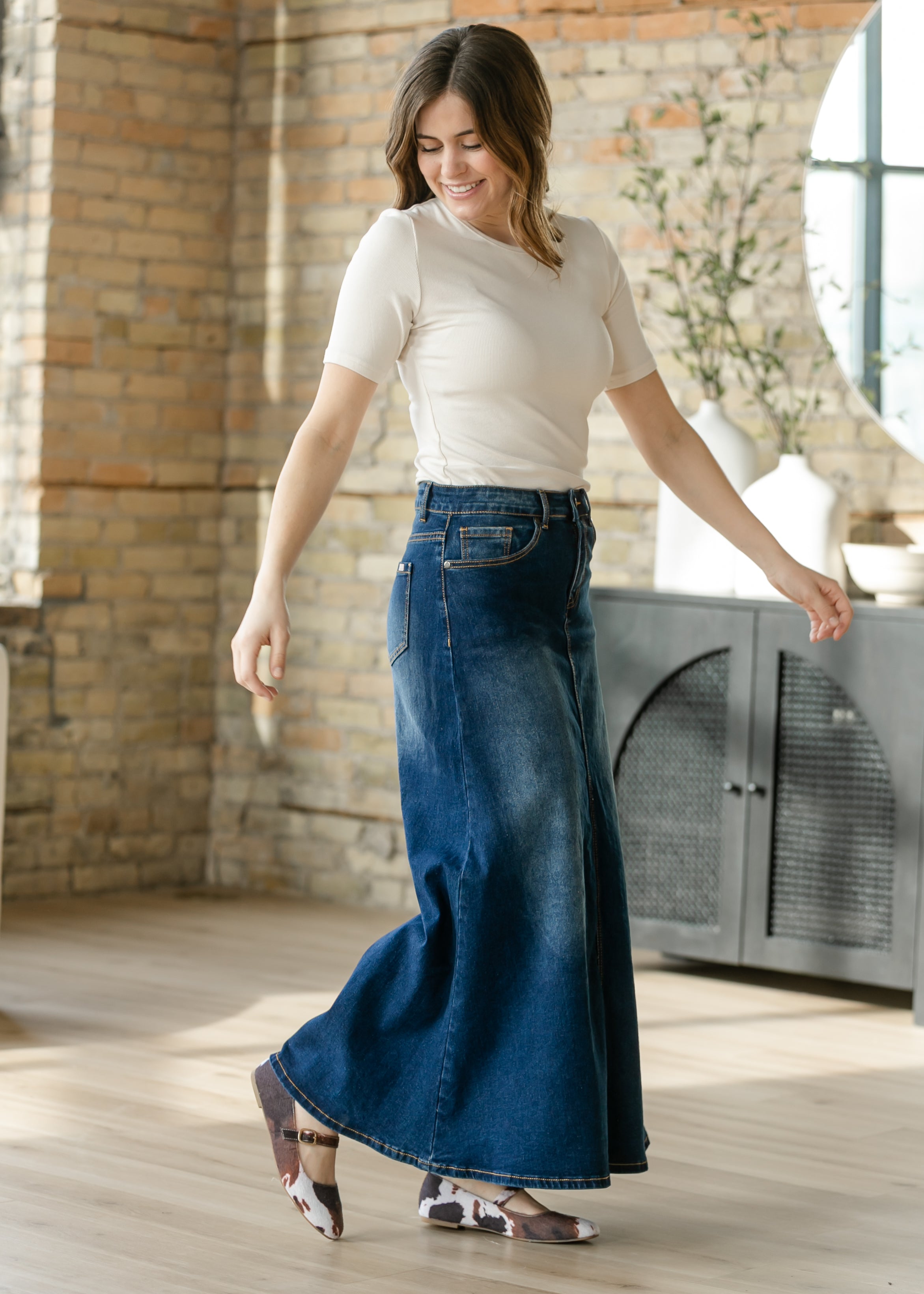 Bethany Dark Wash A-line Long Denim Skirt | Includes Plus Size