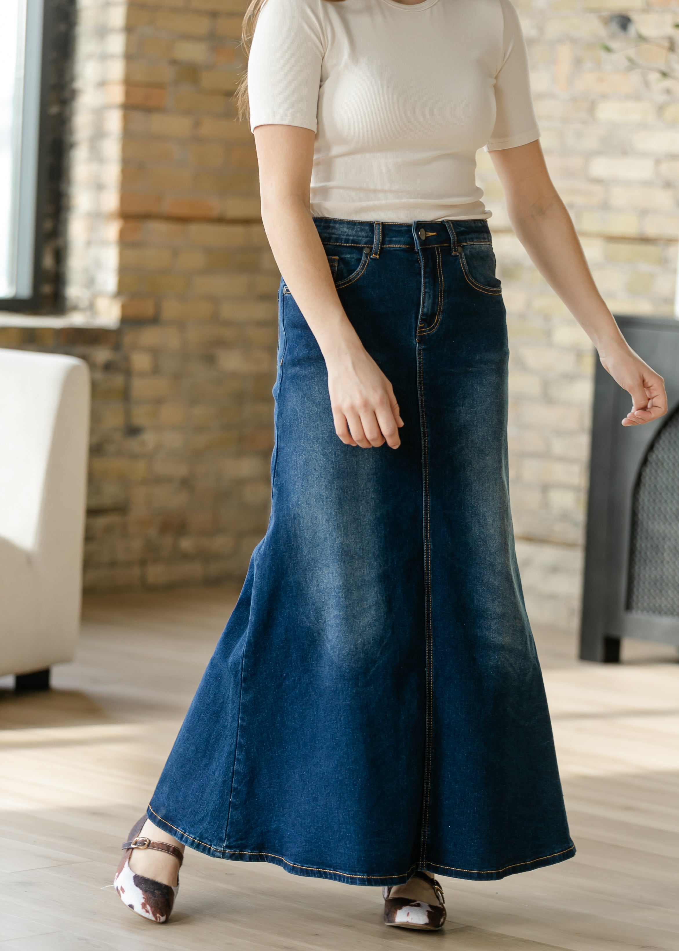 Bethany Dark Wash A-line Long Denim Skirt | Includes Plus Size