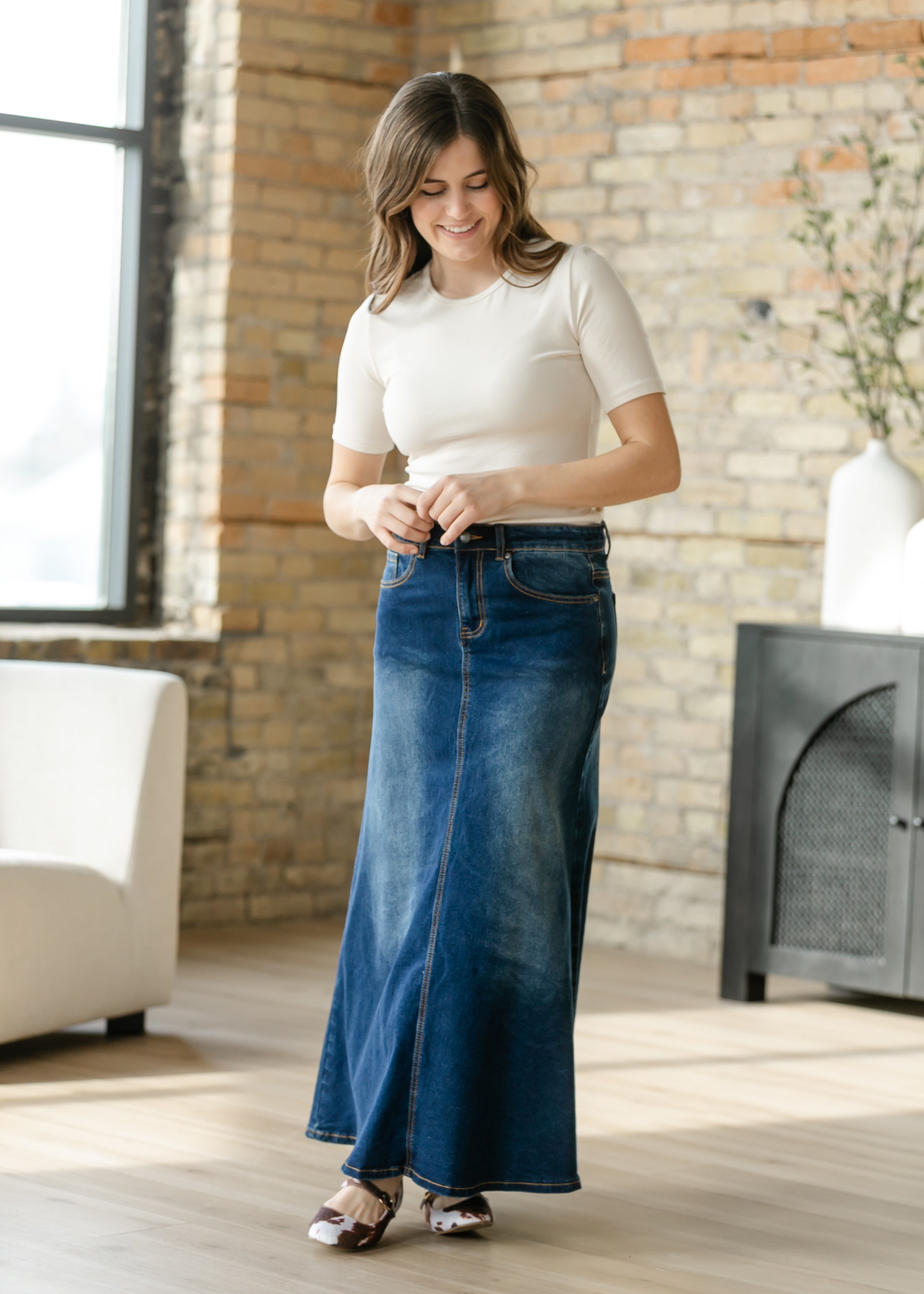 Bethany Dark Wash A-line Long Denim Skirt | Includes Plus Size