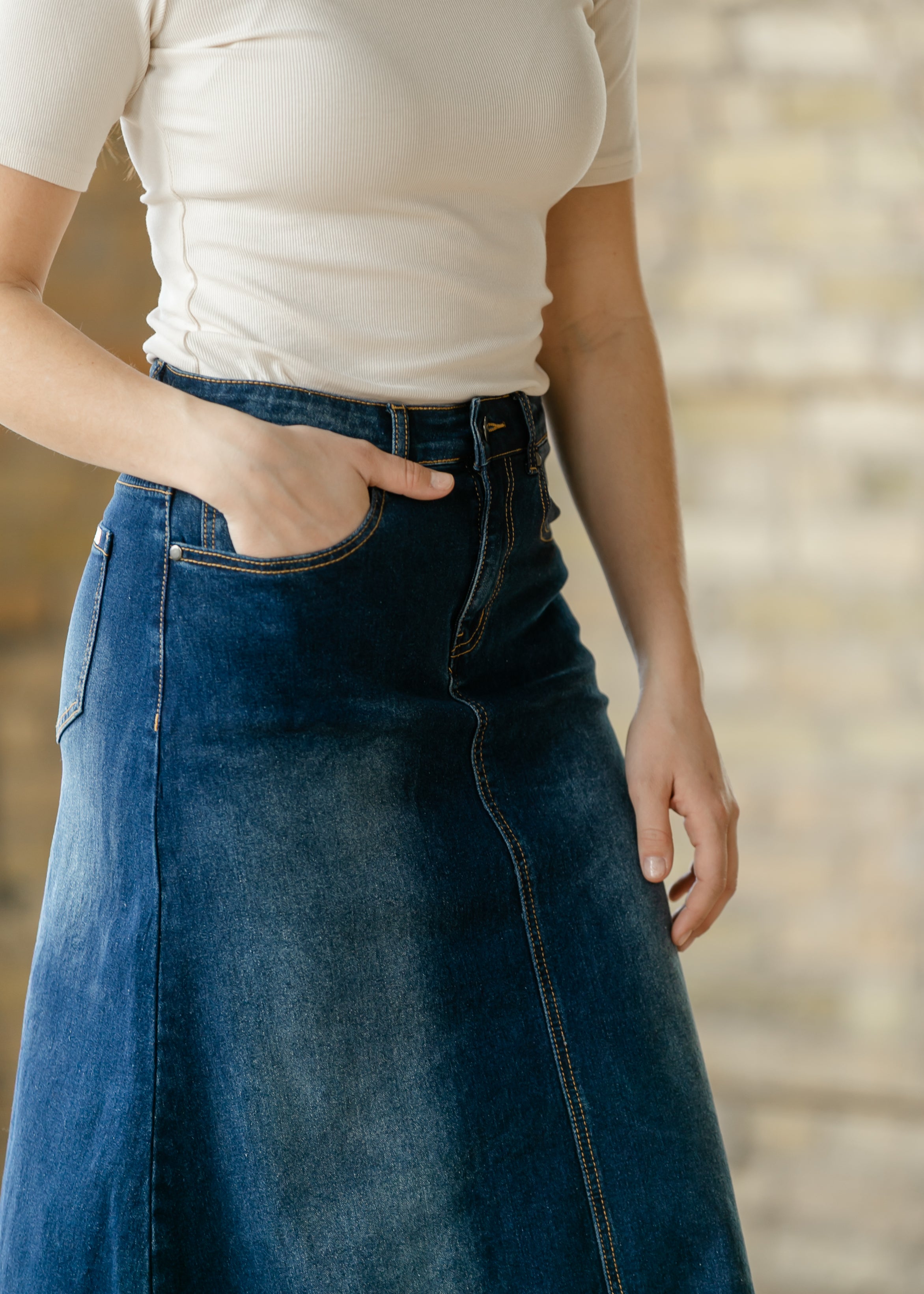 Bethany Dark Wash A-line Long Denim Skirt | Includes Plus Size