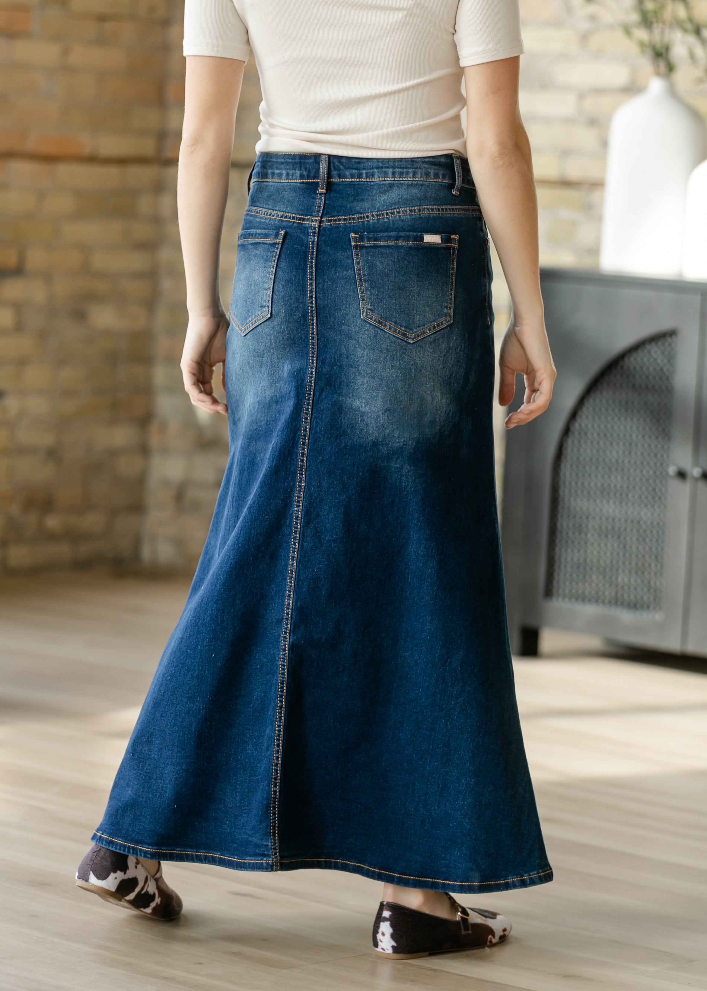 Bethany Dark Wash A-line Long Denim Skirt | Includes Plus Size