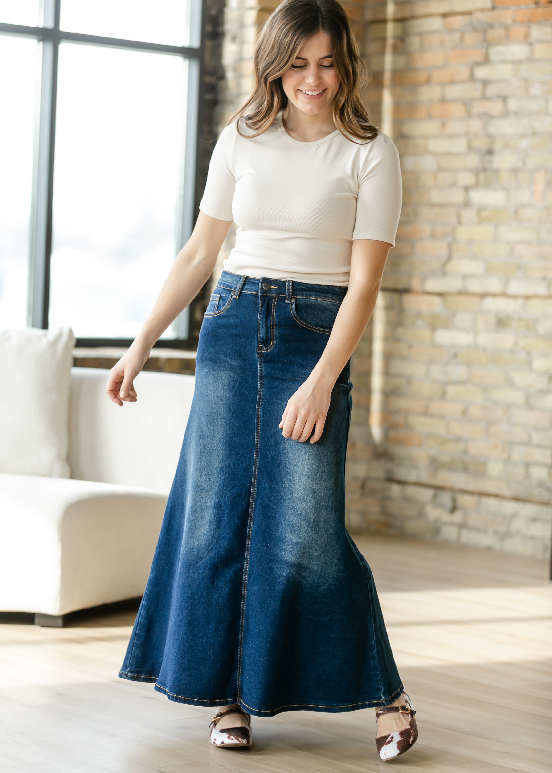 Bethany Dark Wash A-line Long Denim Skirt | Includes Plus Size