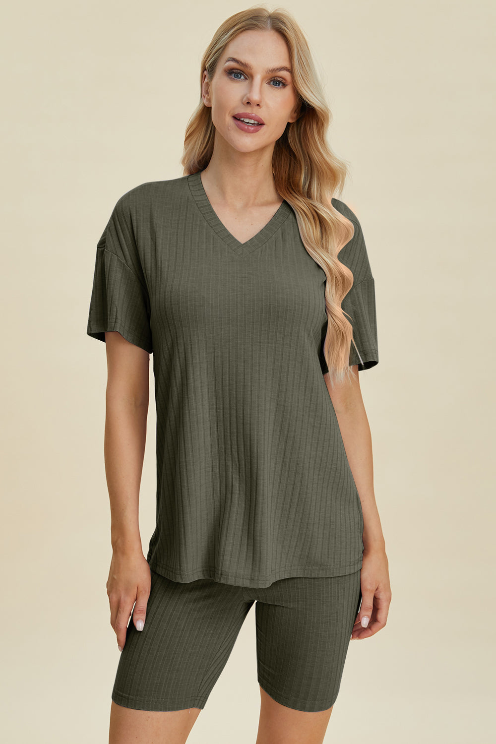 Basic Bae Full Size Ribbed V-neck Short Sleeve Top And Shorts Set