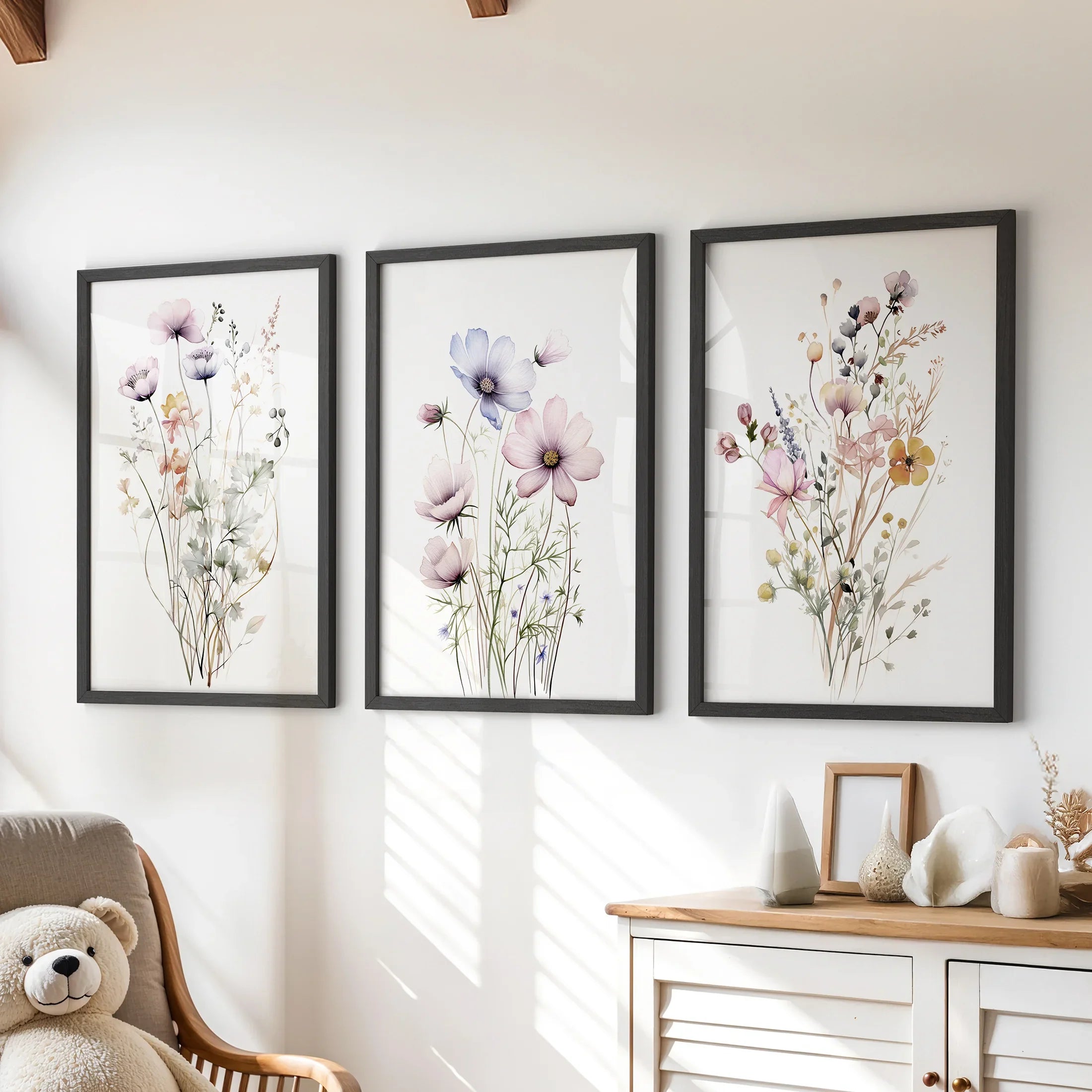 Watercolor Floral Wall Art (Set of 3 Botanical Prints)