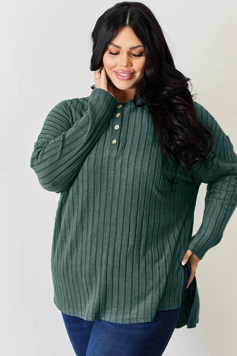 Basic Bae Full Size Ribbed Half Button Long Sleeve High-low Knit Top | Includes Plus Size